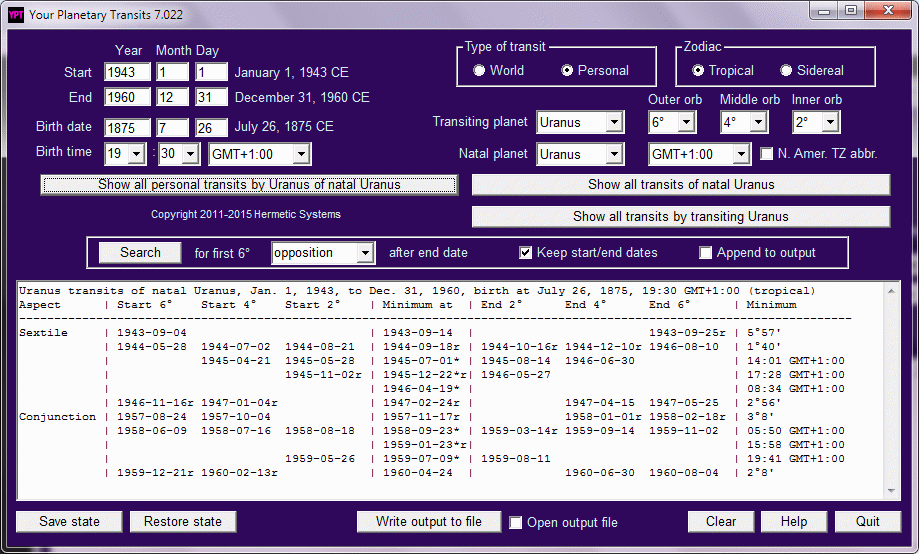Calculates start and end dates of world and personal planetary transits.
