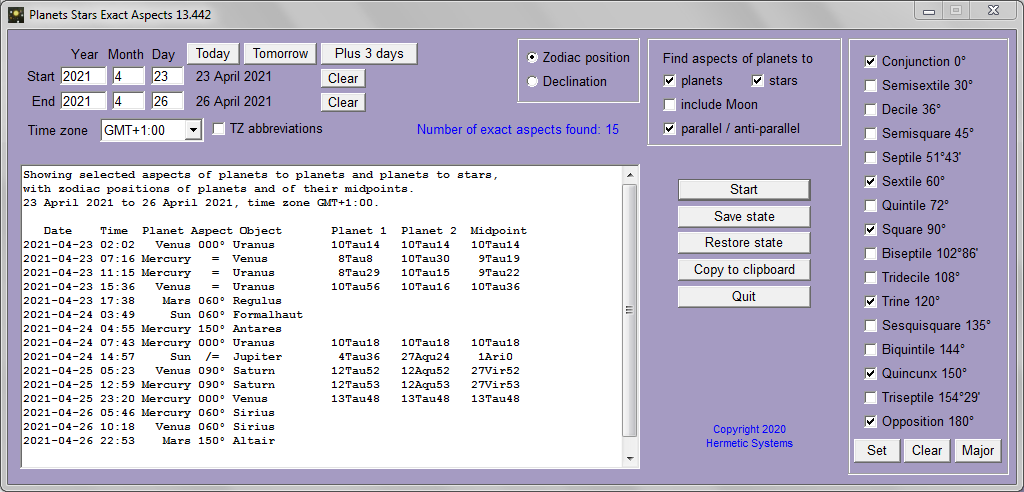 Output of 'Planets Stars Exact Aspects' program